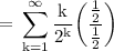 \rm \:  =  \: \displaystyle\sum_{k=1}^{\infty}\rm  \frac{k}{ {2}^{k} }\bigg( \frac{ \frac{1}{2} }{ \frac{1}{2} }\bigg)