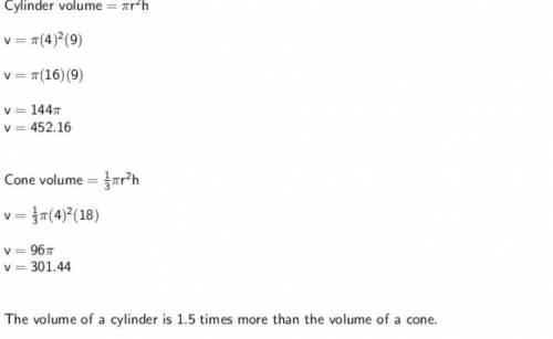 PLZ HELP

A cylinder and a cone have the same diameter. 8 inches. The height of the cylinder is 3 i