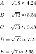 A = \sqrt{18} \approx 4.24\\\\B = \sqrt{73} \approx 8.54\\\\C = \sqrt{30} \approx 5.48\\\\D = \sqrt{52} \approx 7.21\\\\E = \sqrt{7} \approx 2.65\\\\