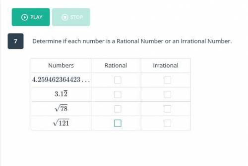 Determine if each number is a Rational Number or an Irrational Number.