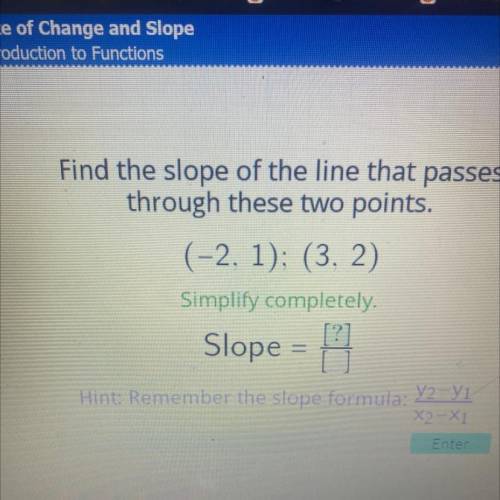 (-2, 1); (3, 2)
Simplify completely.
Slope =
[?]