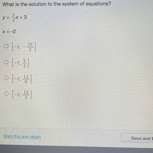 What is the solution to the system of equations?

y
+3
X = -2
15
o (-2, 3),
(2)
(-2공
ㅇ(-2, )
0