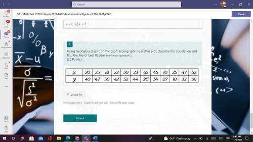 Using GeoGebra Classic or Microsoft Excel graph the scatter plot, describe the correlation and find