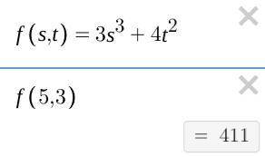 What is the value of the expression 3 (5to the 3rd power) + 4t to the 2nd power when s = 5 and t = 3