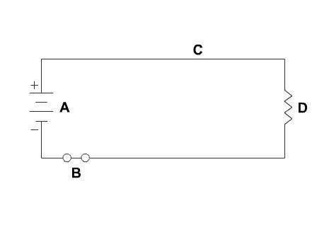 Which letter represents the location of the resister in this diagram?
