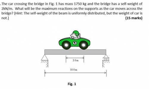 The car crossing the bridge in Fig. 1 has mass 1750 kg and the bridge has a self-weight of 2kN/m.