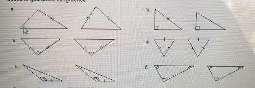 I need help with A, B, and F.

Is there enough information given to prove that the following pairs