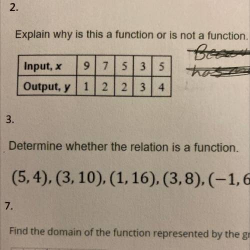 Explain why is this a function or is not a function.

Best
Input, x 9 7 5 3 35
hots
Output,
y1 1 2