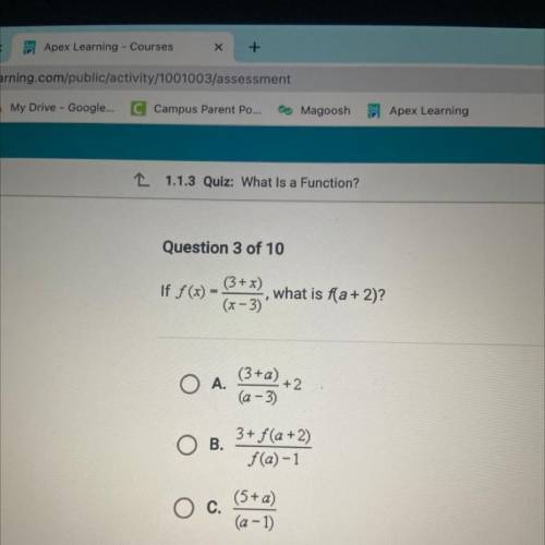 (3 + x)
If f(x) = ., what is f(a + 2)?
(x-3)