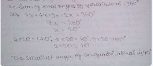 The ratio of the angles in a quadrilateral are 7:4:5:2. What is the smallest angle?