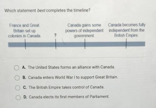 Which statement best completes the timeline? France and Great Britain set up colonies in Canada Can
