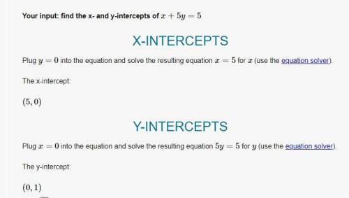 X+5y=-5 find x and y intercept