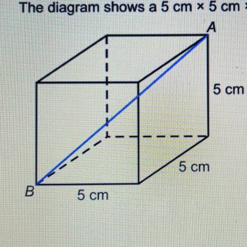 The diagram shows a 5 cm x 5 cm x 5 cm cube.

Calculate the length of the diagonal AB.
Give your a