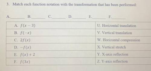 SOMEONE PLEASE ANSWER!

Match each function notation with the transformation that has been perform
