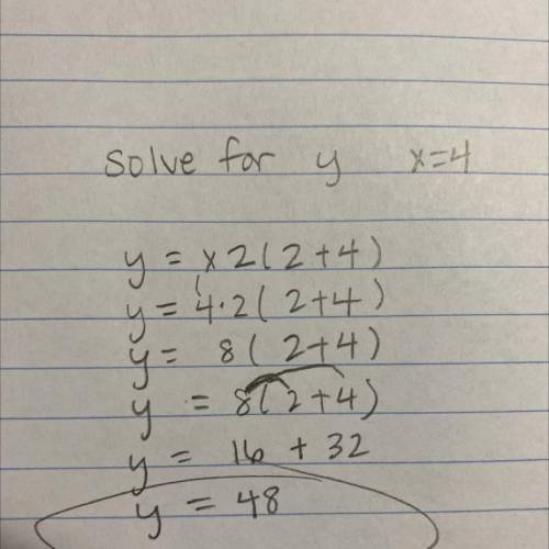 BRAINLIEST, and PLEASE show your work.

Solve for y using the formula y = x2 (2+4); when x = 4