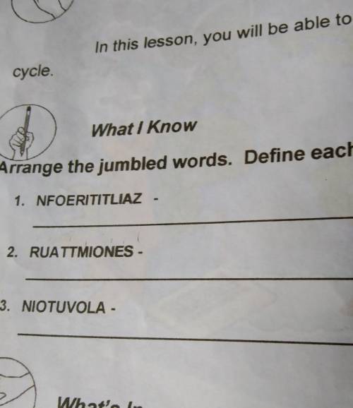 What I Know Arrange the jumbled words. Define each term. 1. NFOERITITLIAZ - 2. RUATTMIONES - 3. NIO