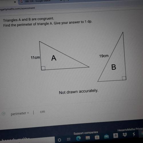 Triangles A and B are congruent. Find the perimeter of triangle A. Give your answer to 1 dp. 11cm A