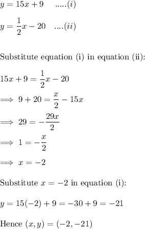 y = 15x +9~~~~.....(i)\\\\y = \dfrac 12 x  -20~~~ ....(ii)\\\\\\\text{Substitute equation (i) in equation (ii):}\\\\15x +9 = \dfrac 12 x -20\\\\\ \implies 9 +20 = \dfrac x2 - 15 x\\\\\implies 29 = -\dfrac{29 x}2\\\\\ \implies 1 = -\dfrac x 2\\\\\implies x= -2\\\\\text{Substitute}~ x=-2~ \text{in equation (i):}\\\\y = 15(-2) +9 = -30 +9 = -21\\\\\text{Hence}~ (x,y) = (-2,-21)