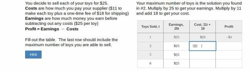 You decide to sell each of your toys for $25. Costs are how much you pay your supplier ($11 to make