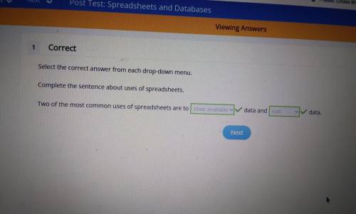 Complete the sentence about uses of spreadsheet. answer us store available and sort