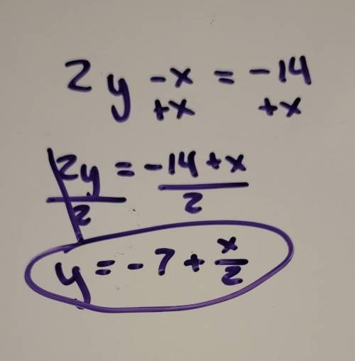 What does 2y-x=-14 equal?