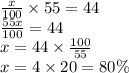 \frac{x}{100}  \times 55 = 44 \\  \frac{55x}{100}  = 44 \\ x = 44 \times  \frac{100}{55}  \\ x = 4 \times 20 = 80\%
