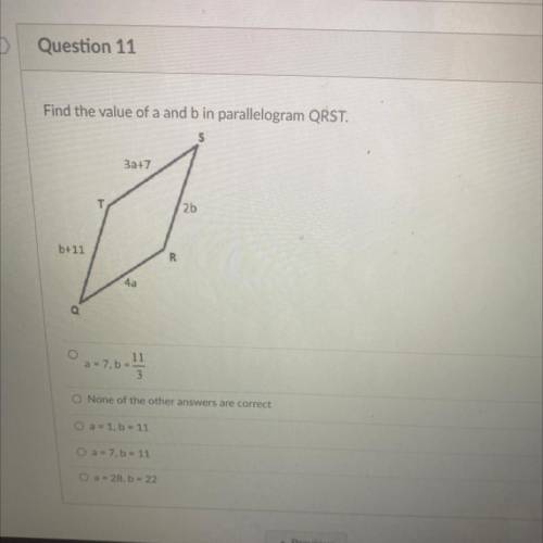 Find the value of a and b in parallelogram QRST.