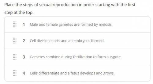 Place the steps of sexual reproduction in order starting with the first step at the top.