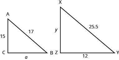 Determine the missing lengths on the similar triangles.a and y