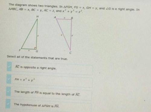 The diagram shows two triangles . In triangle FGH , FG = x GH = y and angle G is a night angle . In