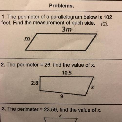 The perimeter of a parallelogram below is 102 feet. Find the measurement of each side.