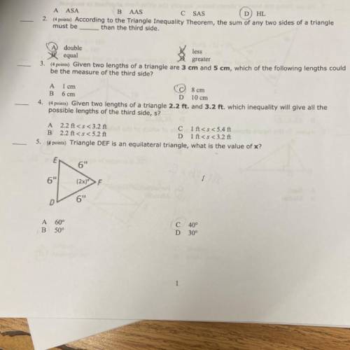 Pls help im gonna fail geometry:(

(4 points) Given two lengths of a triangle 2.2 ft. and 3.2 ft.