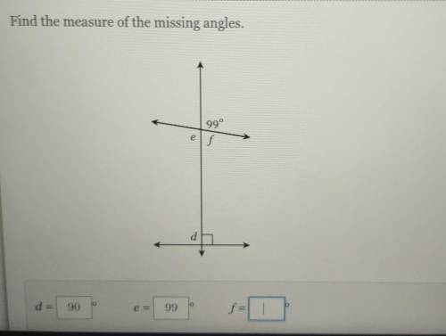 Find the measure of the missing angles. 99° e f d