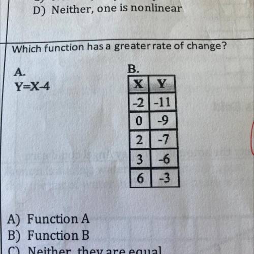 Which function has a greater rate of change?

A.
Y=X4
B.
X Y
-2-11
0-9
2 -7
-
3-6
6-3