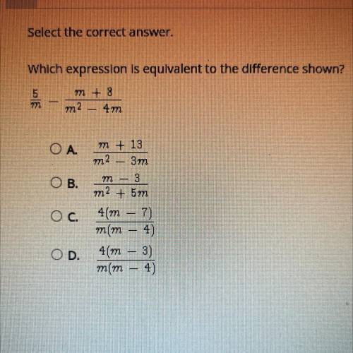 Select the correct answer.

Which expression is equivalent to the difference shown?
5/m - m+8/ m^2