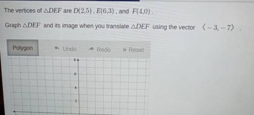 The vertices of ADEF are D(2,5), E(6,3), and F(4,0). Graph ADEF and its image when you translate AD