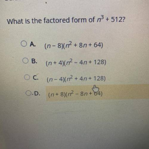 What is the factored form of n^3+512 (please answer) picture provided