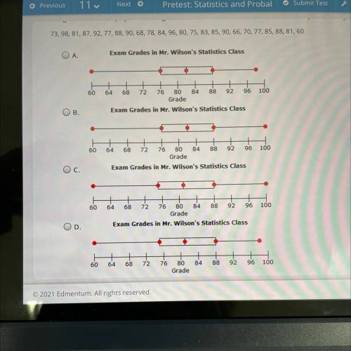 The given data set displays the exam grades of Mr. Wilson's statistics class. Which box plot correc
