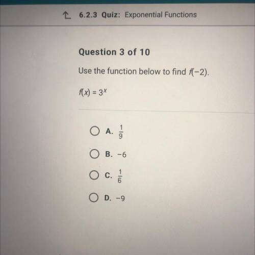 Question 3 of 10
Use the function below to find f(-2).
Rx) = 3x