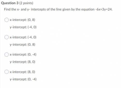 Find the x- and y- intercepts of the line given by the equation -6x+3y=24.