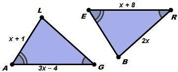 Given the statement, ΔALG≅ΔEBR and the digram shown, determine the length of line LG.

a) LG= 12
