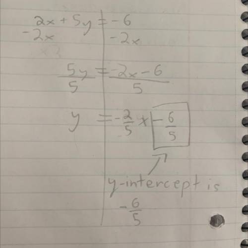 Determine the y-intercept for the line 2x+5y=-6