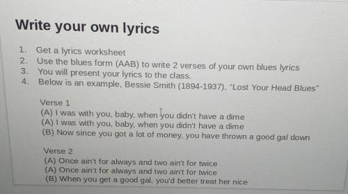 Plssssss heellllp plssssssssssss ASAP

can you guys create a blues lyrics (aab) 3 verse just