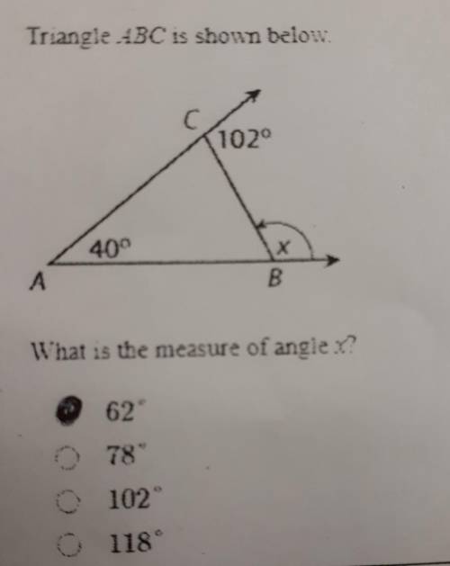 Triangle ABC is shown below. What is the measure of angle??