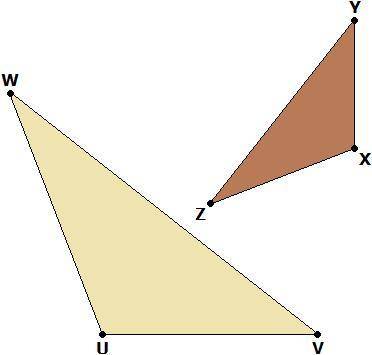 In triangle UVW, the measure of WUV is 110° and the measure of UVW is 38°. In triangle XYZ, the mea