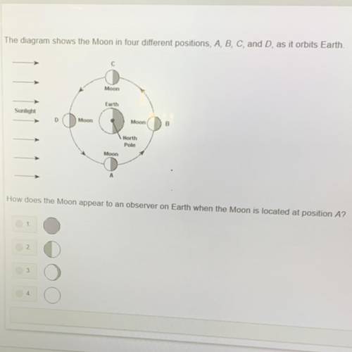 The diagram shows the Moon in four different positions A,B,C. and D as it orbits Earth.

How does