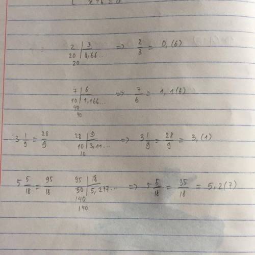 What is 2/3, 7/6, 3 1/9, and 5 5/18 written as a decimal?

Please give an explanation and a correct