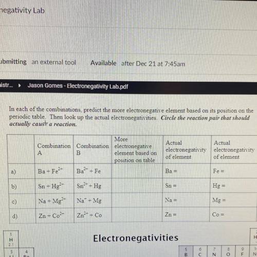 In each of the combinations, predict the more electronegative element based on its position on the