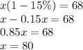 x(1-15\%)=68\\x-0.15x=68\\0.85x=68\\x=80