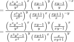 =\dfrac{\left(\frac{x^2y^2-1}{y^2}\right)^x\left(\frac{xy-1}{y}\right)^y\left(\frac{xy-1}{y}\right)^{-x}}{\left(\frac{x^2y^2}{x^2}\right)^y\left(\frac{xy+1}{x}\right)^x\left(\frac{xy+1}{x}\right)^{-y}}\\\\=\dfrac{\left(\frac{x^2y^2-1}{y^2}\right)^x\left(\frac{xy-1}{y}\right)^y\left(\frac{y}{xy-1}\right)^x}{\left(\frac{x^2y^2-1}{x^2}\right)^y\left(\frac{xy+1}{x}\right)^x\left(\frac{x}{xy+1}\right)^y}
